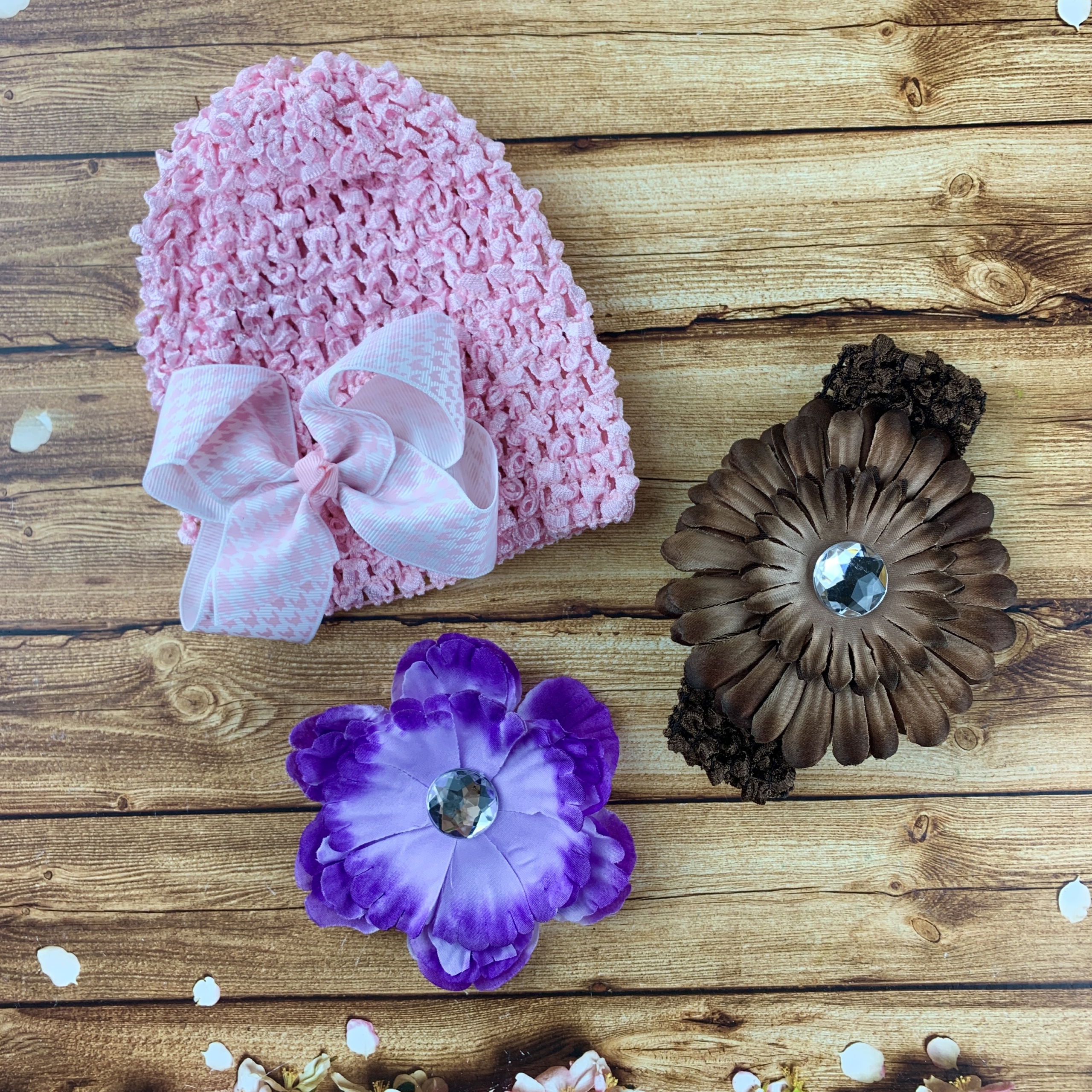 Комплект для малютки «Лапочка-дочка» (шапка,повязка,цветок на зажиме)